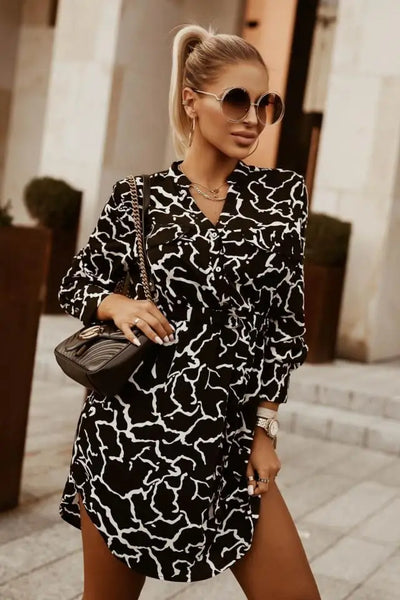 Women's Clothing  Spring and Summer  Commuter Waist Collection V-Neck Tie Long Sleeve Printed Pullover Shirt Dress - The world bestselling 
