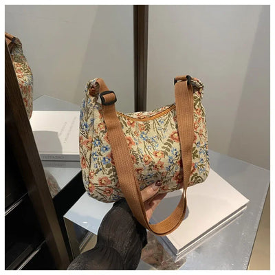 Women Small Underarm Bag Chinese Style Shoulder Bag Versatile Literary Prints Cloth Crescent Pack Portable Women's Handbags