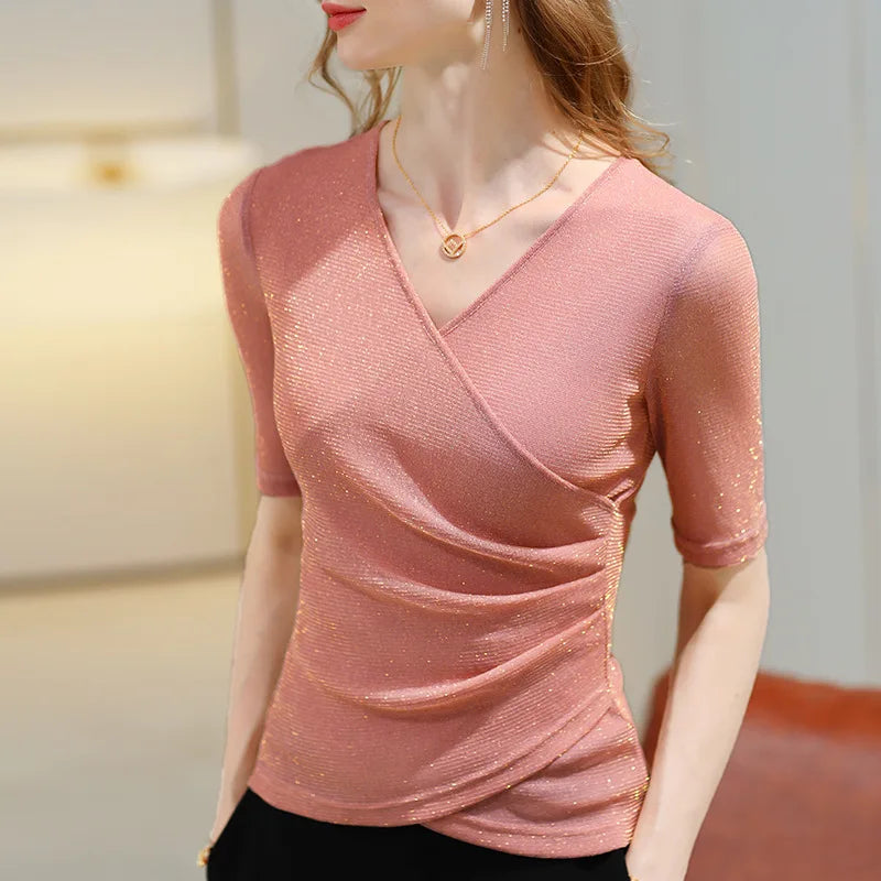 Women's Clothing 2022 Latest Fashion Blouses Elegant Summer T Shirt Free Shiping Elastic Glitter Blouses or Tops for Woman - The world bestselling 