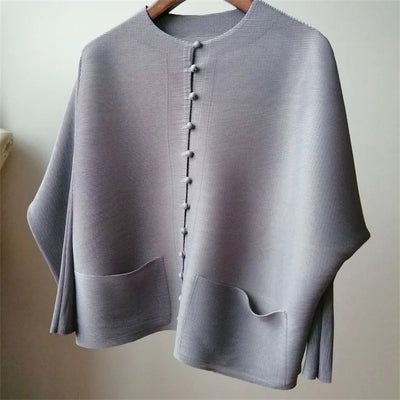 Woman Clothing T-shirt Bat Sleeves Loose and Pleated Small Jacket Women's Single-breasted Pocket Design Pleated Semi-Turtleneck - The world bestselling 