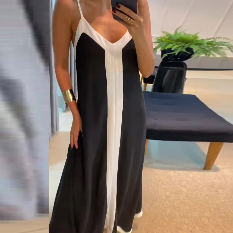 Women's Dress 2024 Summer Women's Clothing Fashion Elegant V-neck Casual Black and White Contrast Sleeveless Loose Long Dresses - The world bestselling 