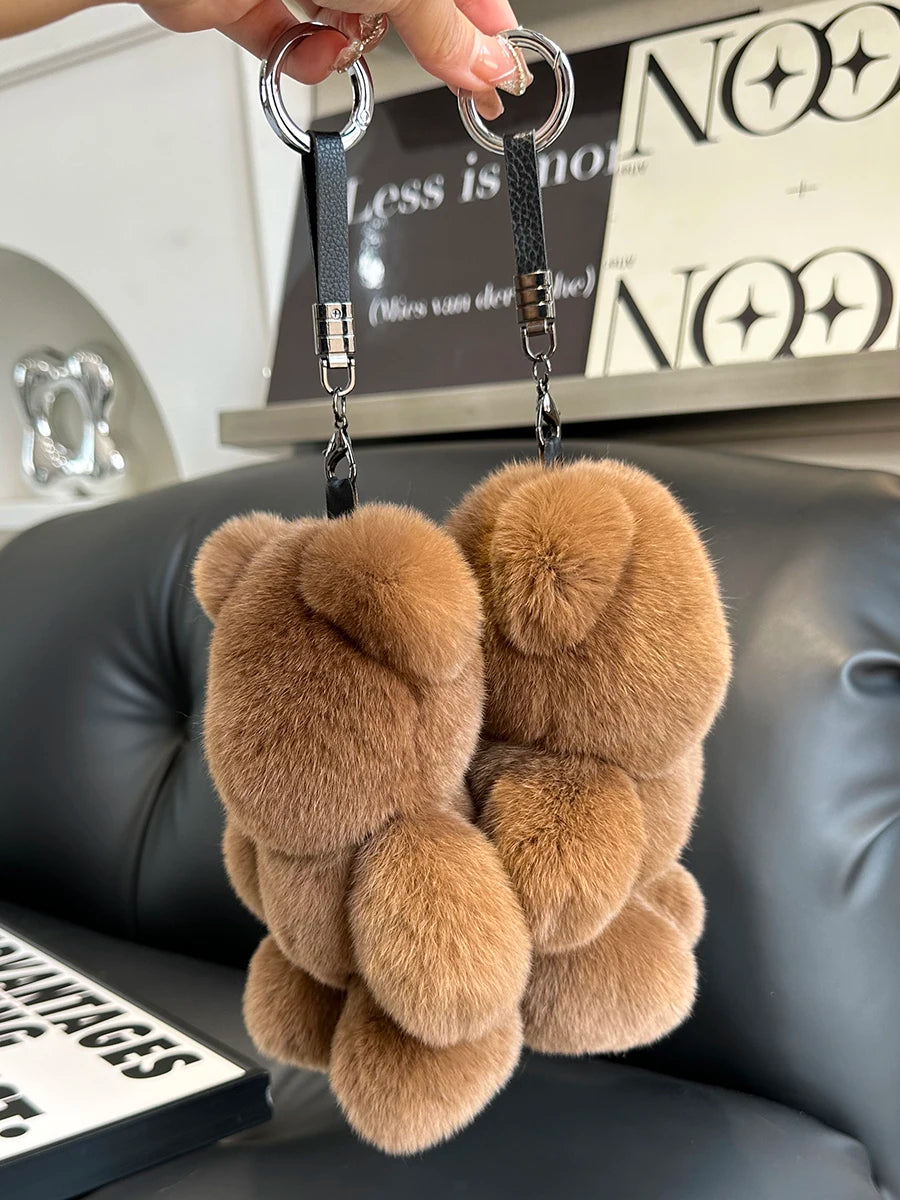 Fashion New Cute Bear Keychain Real Rabbit Fur Bear Doll Pendant Toys Keyring Handbag Charm Ornament Plush Jewelry Gifts