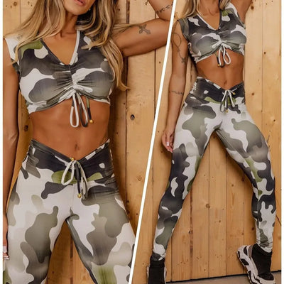 Women's clothing Women's clothing Sports trouser sets Camouflage V-Neck Short Sleeve Top&Leggings Drawstring Tight Suit Yoga - The world bestselling 
