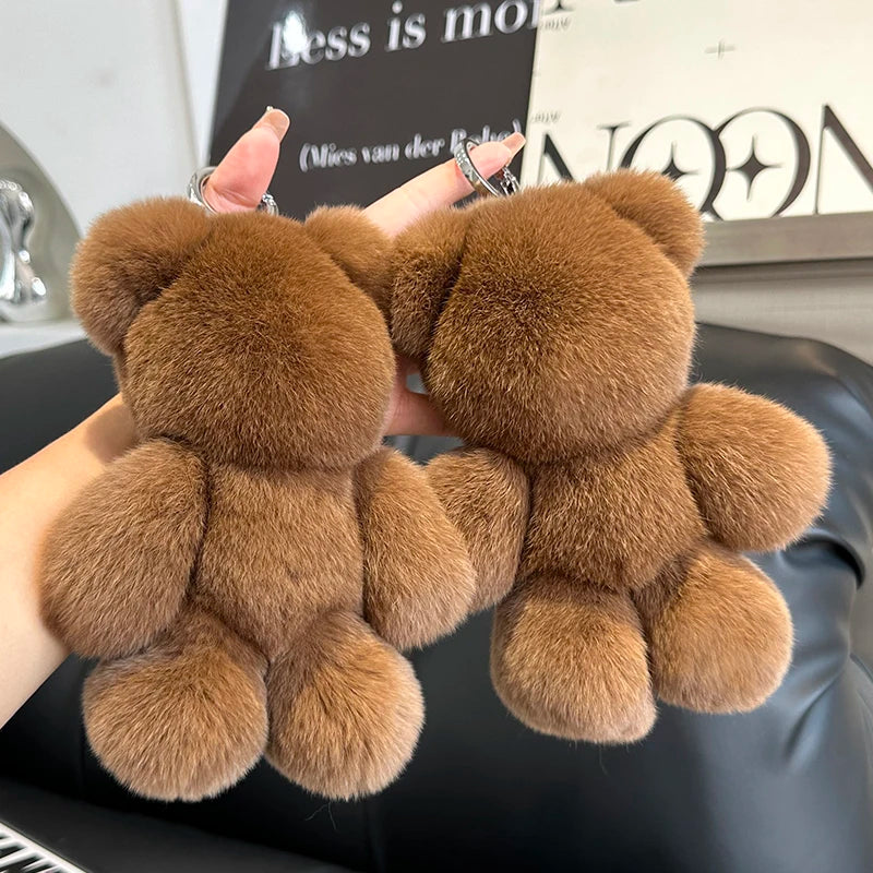 Fashion New Cute Bear Keychain Real Rabbit Fur Bear Doll Pendant Toys Keyring Handbag Charm Ornament Plush Jewelry Gifts