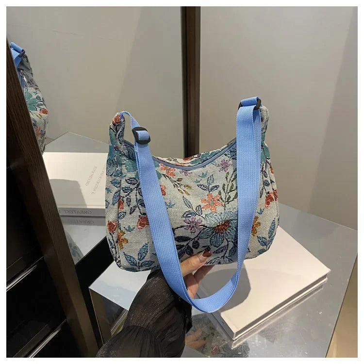 Women Small Underarm Bag Chinese Style Shoulder Bag Versatile Literary Prints Cloth Crescent Pack Portable Women's Handbags