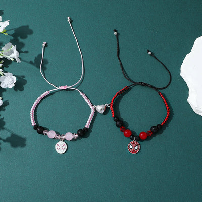 2pcs Marvel Spider-Man Couple Bracelets Set - Magnetic Heart Beads & Weave Design, Anime Superhero Jewelry for Men Women