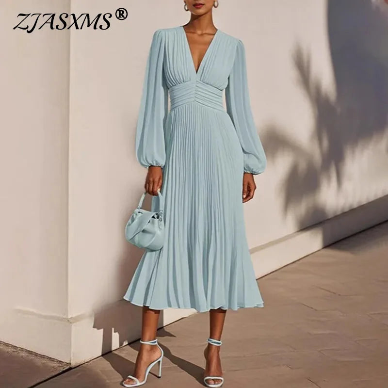 Woman Clothing 2025 Spring Sexy V Neck High Waist Pleated Long Dress New Autumn Long Sleeve Elegant Party Dresses Vestidos Mujer - The world bestselling 
