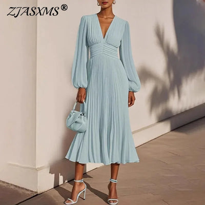 Woman Clothing 2025 Spring Sexy V Neck High Waist Pleated Long Dress New Autumn Long Sleeve Elegant Party Dresses Vestidos Mujer - The world bestselling 