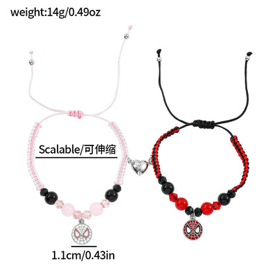 2pcs Marvel Spider-Man Couple Bracelets Set - Magnetic Heart Beads & Weave Design, Anime Superhero Jewelry for Men Women
