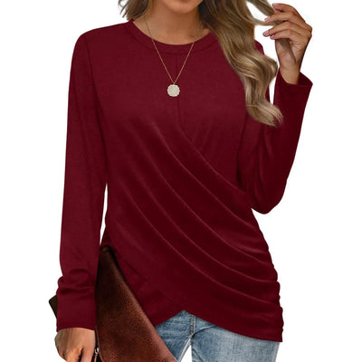 Women's Clothing 2024 Autumn Winter New Solid Color T-shirt Casual Round Neck Cross Pleated Loose Long Sleeved Top - The world bestselling 