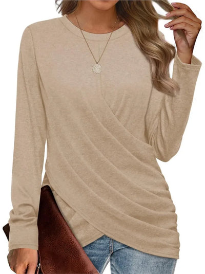 Women's Clothing 2024 Autumn Winter New Solid Color T-shirt Casual Round Neck Cross Pleated Loose Long Sleeved Top - The world bestselling 