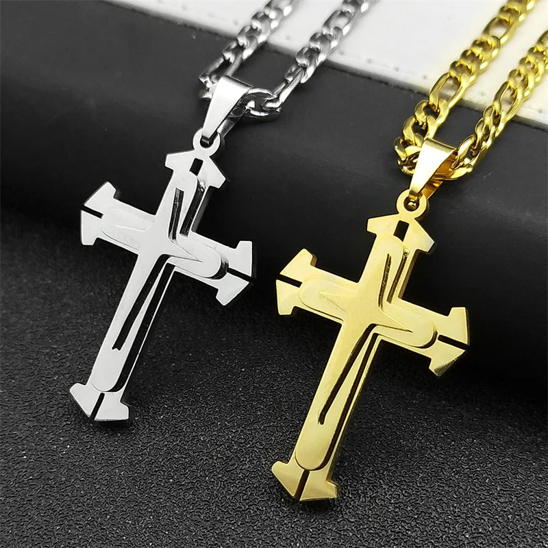 Christian Cross Pendant Necklace for Women Men Stainless Steel Gold Color Punk Religion Luxury Chain Jewery collar 8228-QKC