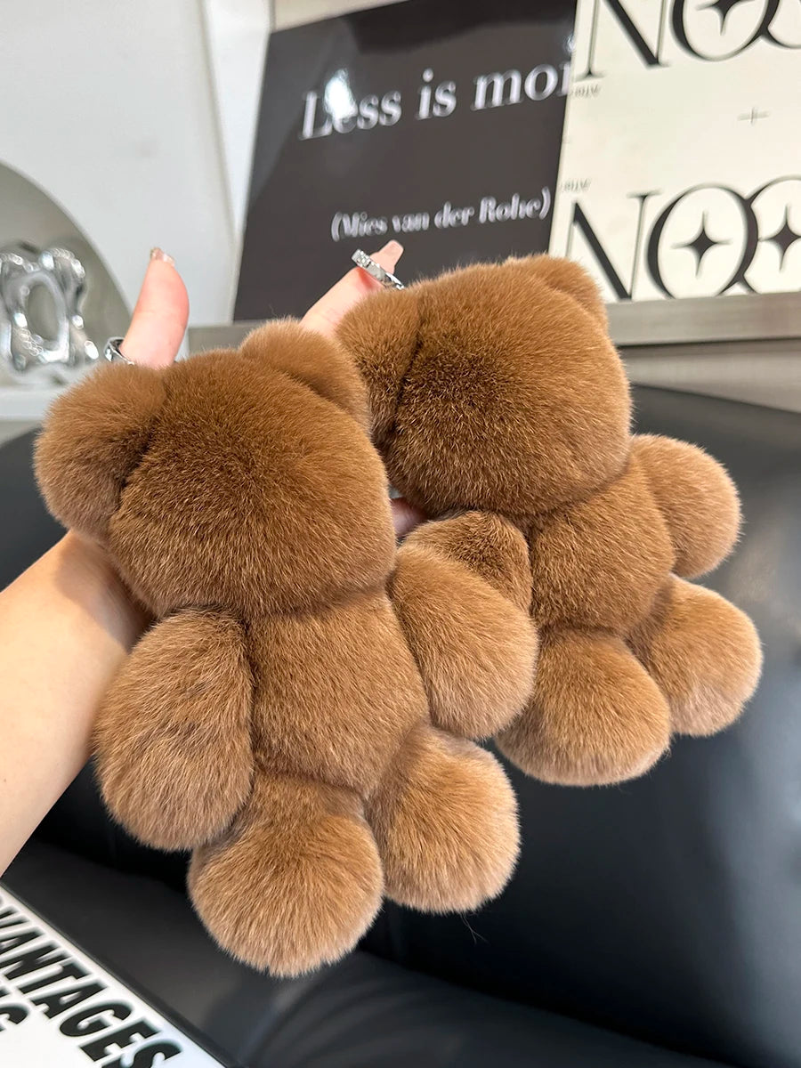 Fashion New Cute Bear Keychain Real Rabbit Fur Bear Doll Pendant Toys Keyring Handbag Charm Ornament Plush Jewelry Gifts