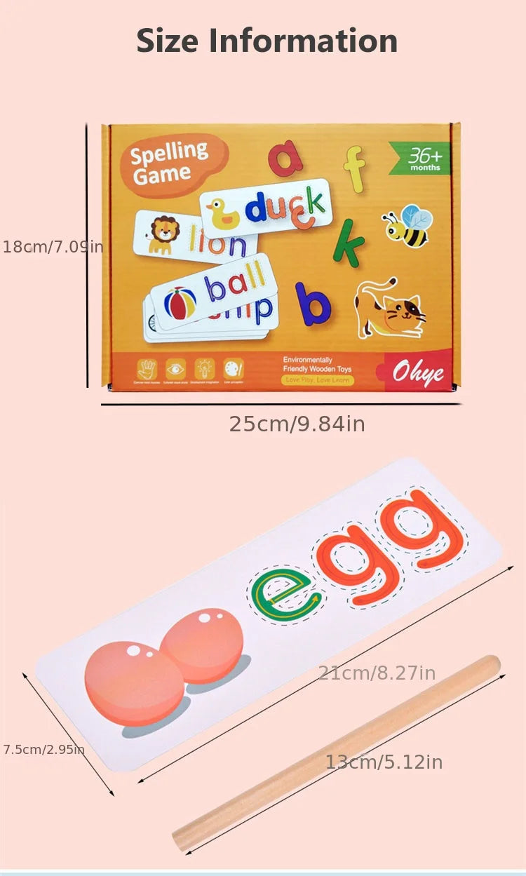 52pcs English Alphabet Spelling Word Wooden Educational Toys for Kids Baby Puzzles Montessori Games with 28pcs Learning Cards