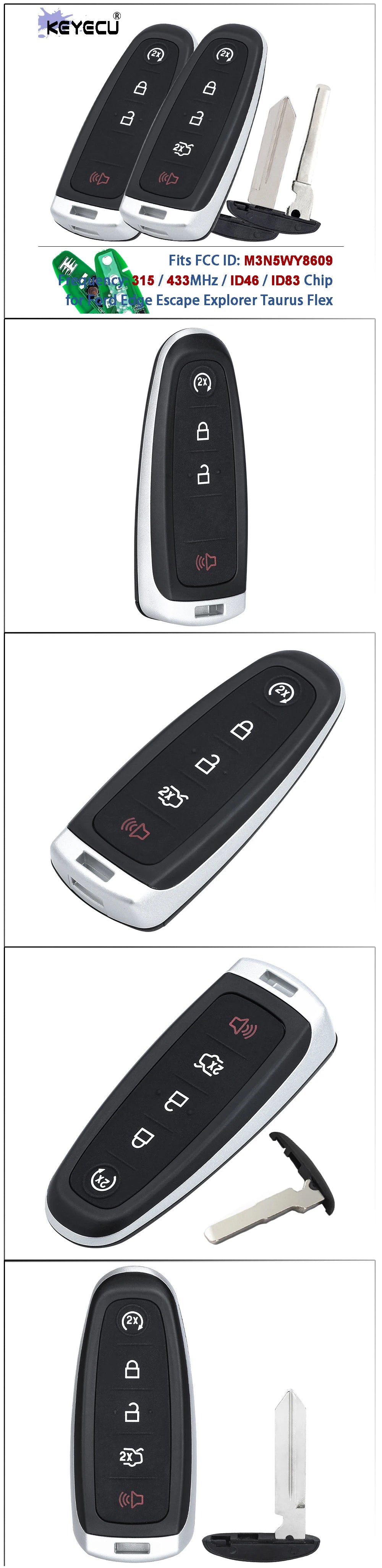 KEYECU M3N5WY8609 315MHz 433MHz ID46 4D63 Chip Smart Remote Key Fob for Ford Edge Escape Explorer Taurus Flex Focus Lincoln MKX