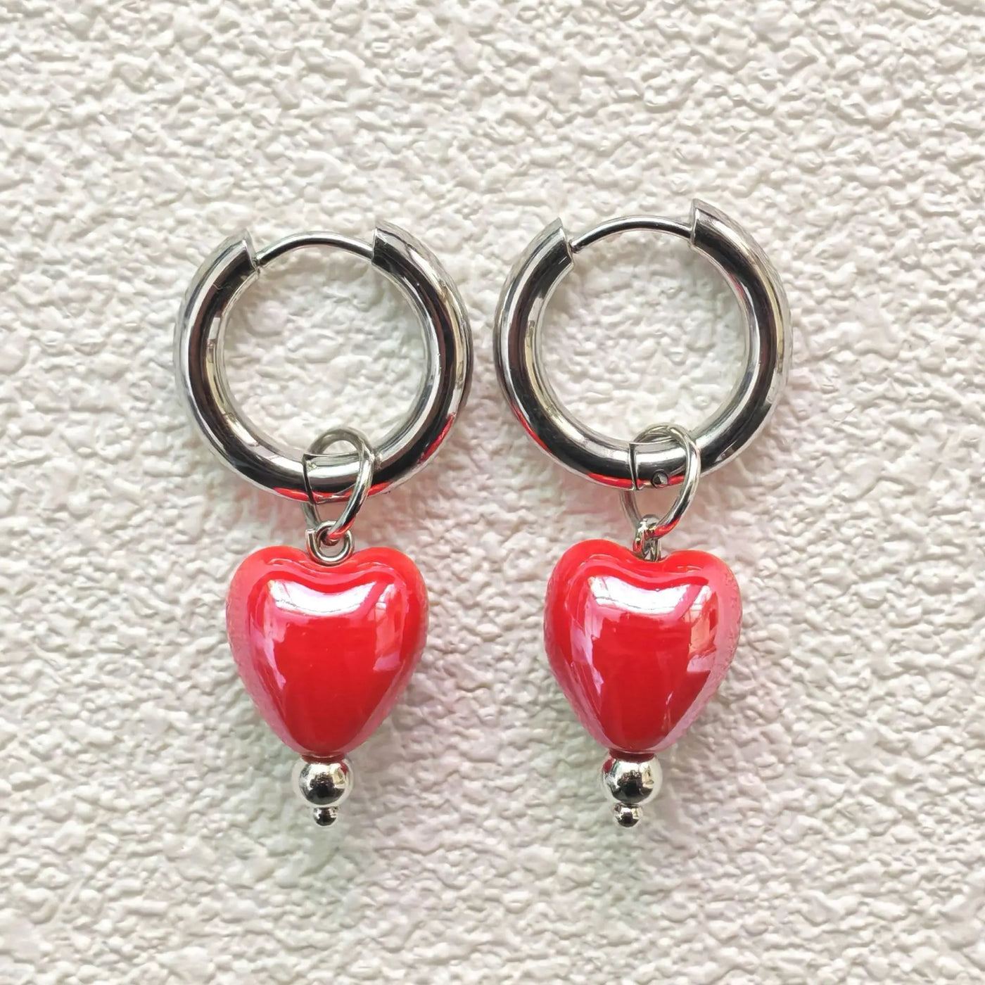 Stylish Elegant Sweet Biue Ceramic Heart Shape Pendant Earrings for Women Stainless Steel Double Ring Ear Cuffs Charm Jewelry