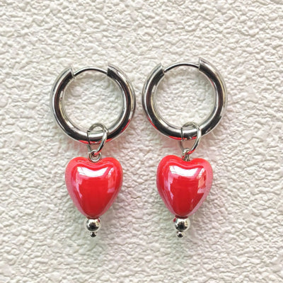 Stylish Elegant Sweet Biue Ceramic Heart Shape Pendant Earrings for Women Stainless Steel Double Ring Ear Cuffs Charm Jewelry