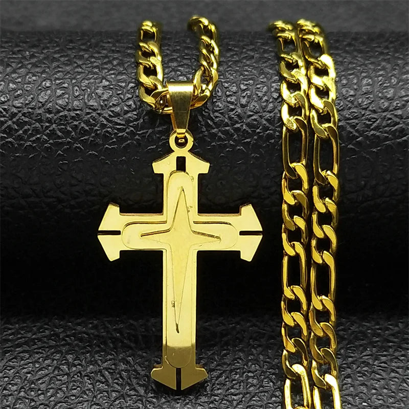 Christian Cross Pendant Necklace for Women Men Stainless Steel Gold Color Punk Religion Luxury Chain Jewery collar 8228-QKC