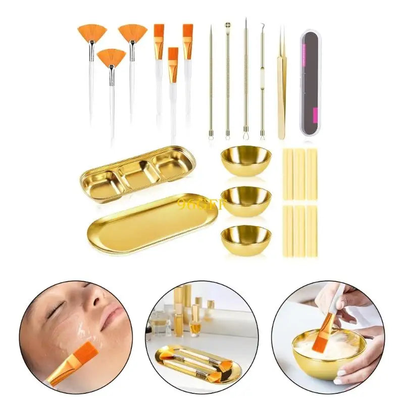 96GF 29Pcs Esthetician Supplies 6 Blackhead Remover Tools 3 Stainless Steel Gold Mixing Bowls 3 Compartment Serving Tray
