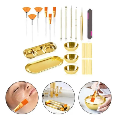 96GF 29Pcs Esthetician Supplies 6 Blackhead Remover Tools 3 Stainless Steel Gold Mixing Bowls 3 Compartment Serving Tray
