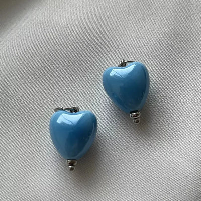 Stylish Elegant Sweet Biue Ceramic Heart Shape Pendant Earrings for Women Stainless Steel Double Ring Ear Cuffs Charm Jewelry