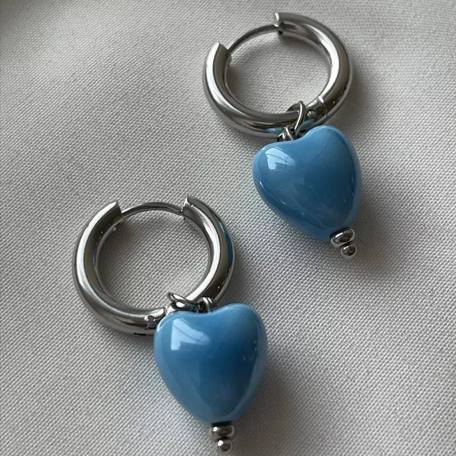 Stylish Elegant Sweet Biue Ceramic Heart Shape Pendant Earrings for Women Stainless Steel Double Ring Ear Cuffs Charm Jewelry
