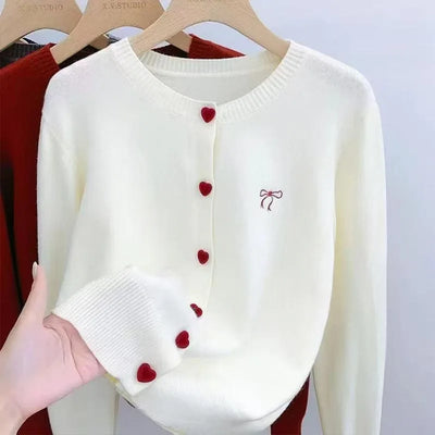 Women's Clothing Vintage Love Button Knit Cardigan Autumn/Winter Fashion All-match Bowknot Embroidery Sweaters Lady Elegant Tops - The world bestselling 