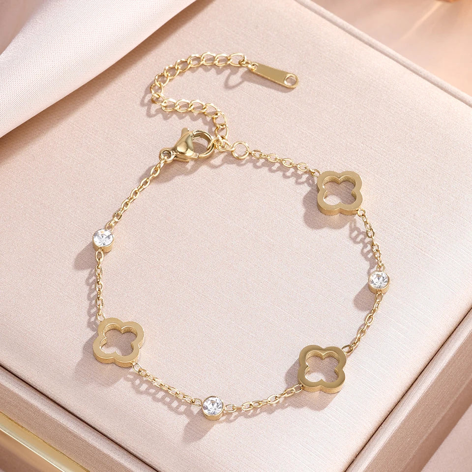 Yupsk Fashion Hollowed-out Four-leaf Flower Zircon Inlaid Stainless Steel Bracelet Trendy Party Clover Jewelry Gift for Women