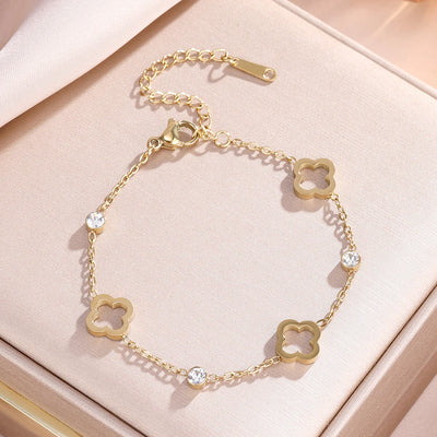 Yupsk Fashion Hollowed-out Four-leaf Flower Zircon Inlaid Stainless Steel Bracelet Trendy Party Clover Jewelry Gift for Women