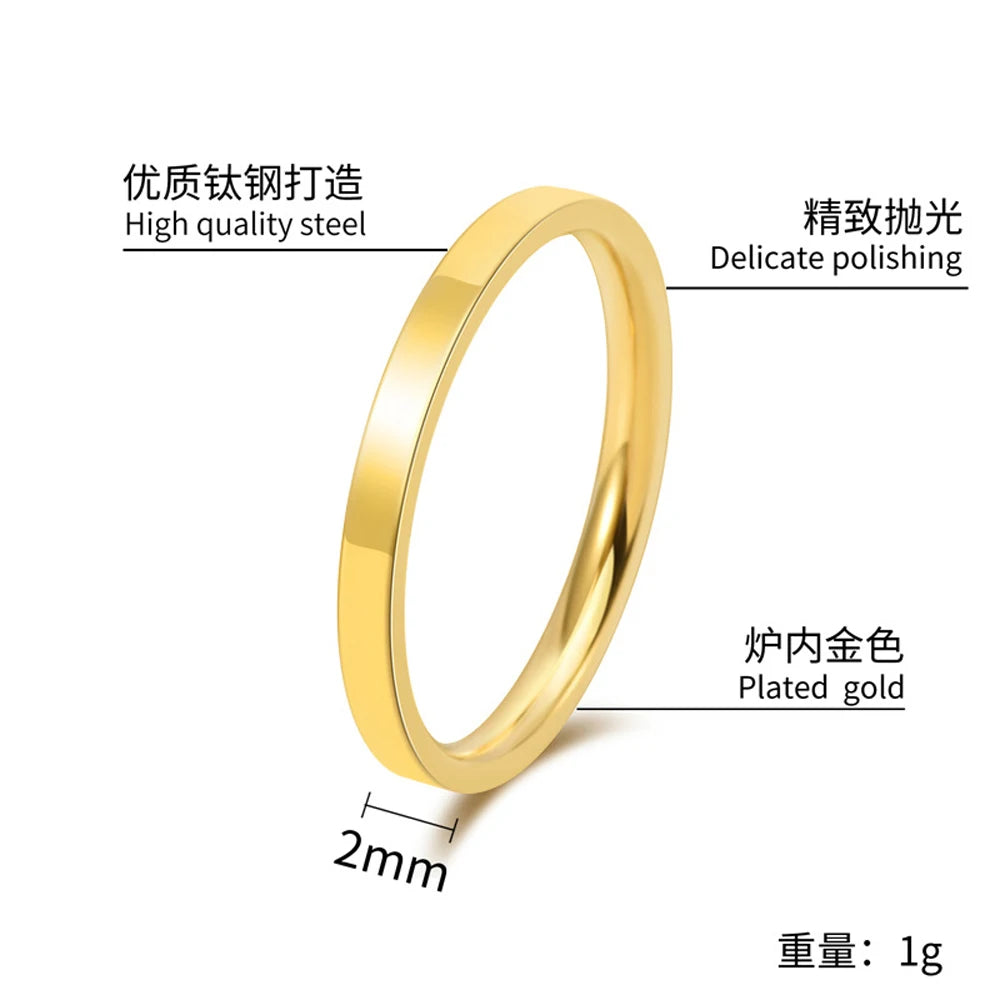 Korean Couple Rings for Women & Men Titanium Steel 2mm Thin Band Minimalist Jewelry Polished Smooth Stackable Matching Rings