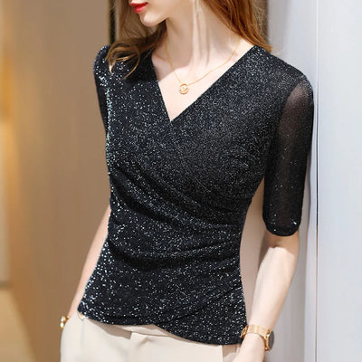Women's Clothing 2022 Latest Fashion Blouses Elegant Summer T Shirt Free Shiping Elastic Glitter Blouses or Tops for Woman - The world bestselling 