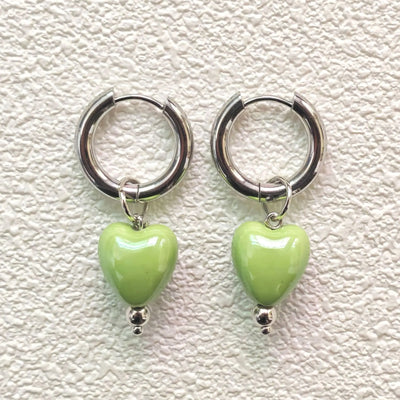 Stylish Elegant Sweet Biue Ceramic Heart Shape Pendant Earrings for Women Stainless Steel Double Ring Ear Cuffs Charm Jewelry