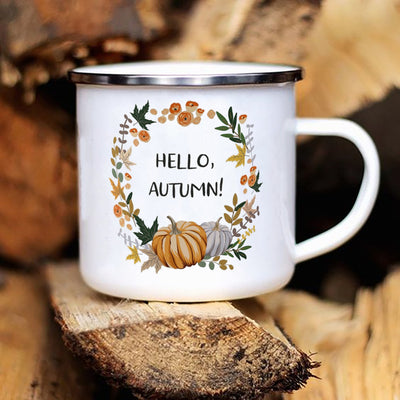 Hello Autumn mugs Thanksgiving Mug Flower Pumpkin Cup Print enamel Mug Fall Coffee cups party farmhouse decoration fall gifts