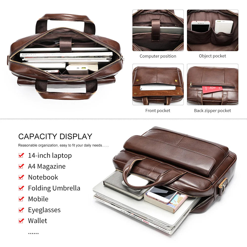 Men's Briefcase Leather Large Capacity Computer Business Shoulder Crossbody Bag Casual Cowhide Handbag For Men