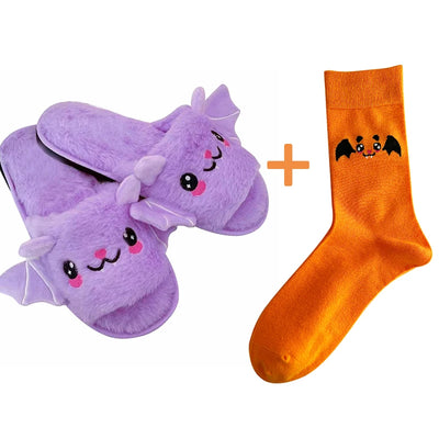 Halloween New Bat Plush Shoes Lightweight Home Fuzzy Slippers Women Men Flip Flops Cartoon Kid Adults Flat Slides for Party - The world bestselling 