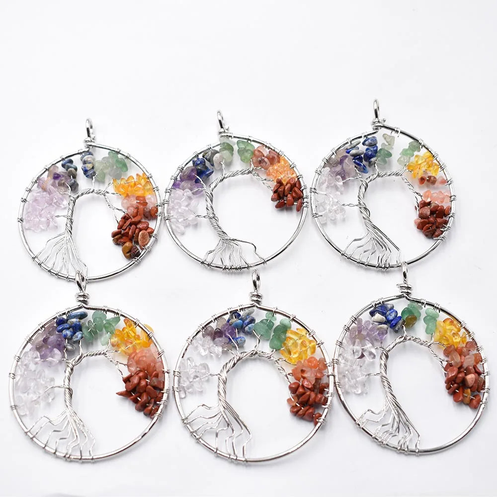 Wholesale 6pcs/lot new mixed natural stone Tree of life gold color wire wrapped Pendants 50mm for jewelry marking free shipping