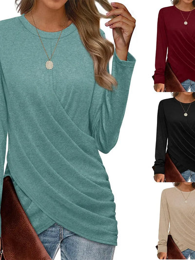 Women's Clothing 2024 Autumn Winter New Solid Color T-shirt Casual Round Neck Cross Pleated Loose Long Sleeved Top - The world bestselling 