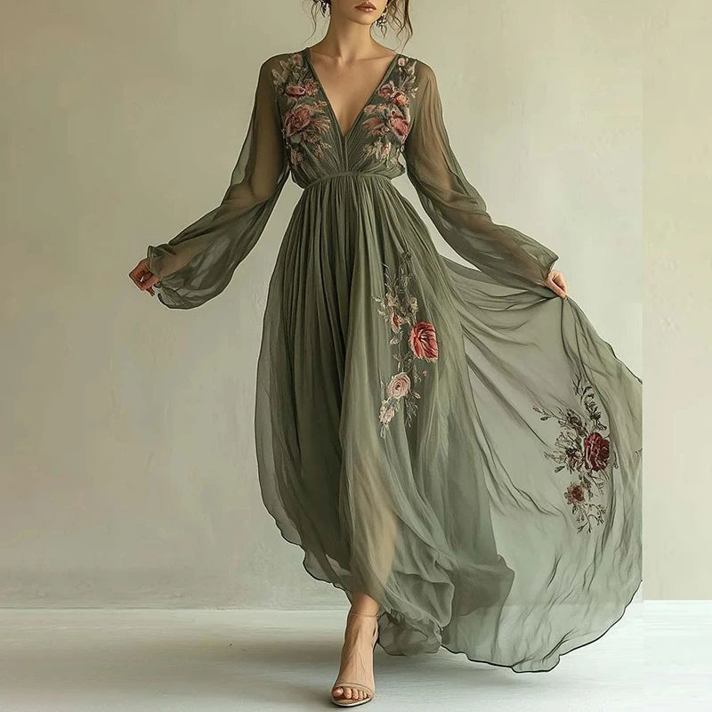 Women's Clothing Trend 2025 Spring Long Sleeve High Waist Evening Dresses Sexy V Neck Floral Printed Boho Holiday Dress Vestidos - The world bestselling 