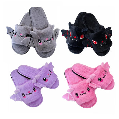Halloween New Bat Plush Shoes Lightweight Home Fuzzy Slippers Women Men Flip Flops Cartoon Kid Adults Flat Slides for Party - The world bestselling 