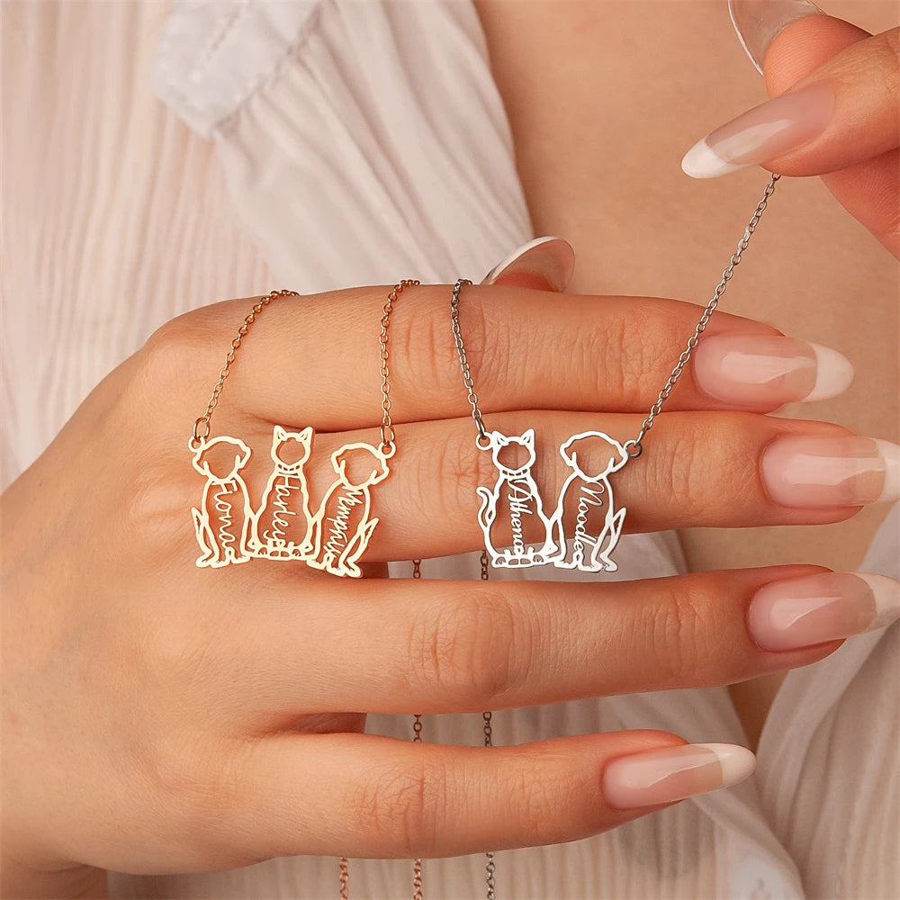 Custom Cute Dog Cat Necklaces Pendant Name Stainless Steel Circle Chain  Personalized Pet Jewelry Customized Necklaces For Mom