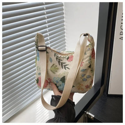 Women Small Underarm Bag Chinese Style Shoulder Bag Versatile Literary Prints Cloth Crescent Pack Portable Women's Handbags