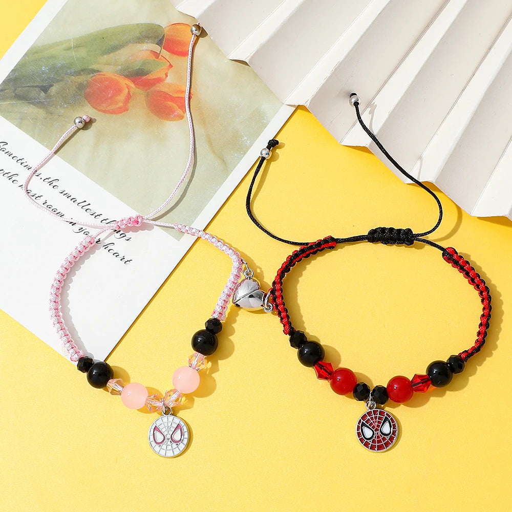 2pcs Marvel Spider-Man Couple Bracelets Set - Magnetic Heart Beads & Weave Design, Anime Superhero Jewelry for Men Women