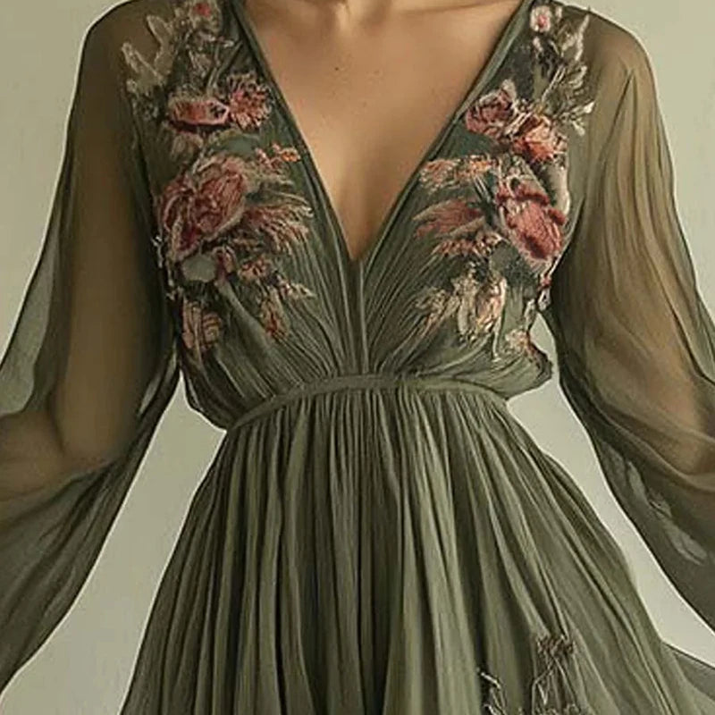 Women's Clothing Trend 2025 Spring Long Sleeve High Waist Evening Dresses Sexy V Neck Floral Printed Boho Holiday Dress Vestidos - The world bestselling 