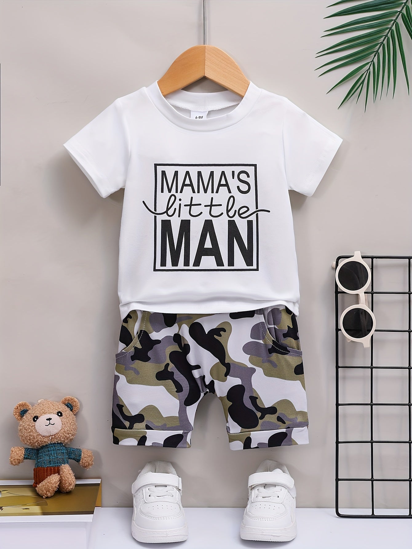 2pcs Baby Girls Boys "MAMA'S Little MAN" Print Summer Outdoor Set, T-shirt & Camo Shorts, Baby Unisex Clothing, As Gift - The world bestselling 