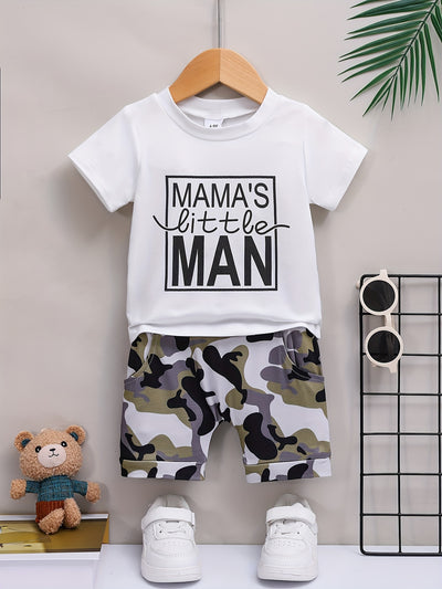2pcs Baby Girls Boys "MAMA'S Little MAN" Print Summer Outdoor Set, T-shirt & Camo Shorts, Baby Unisex Clothing, As Gift - The world bestselling 