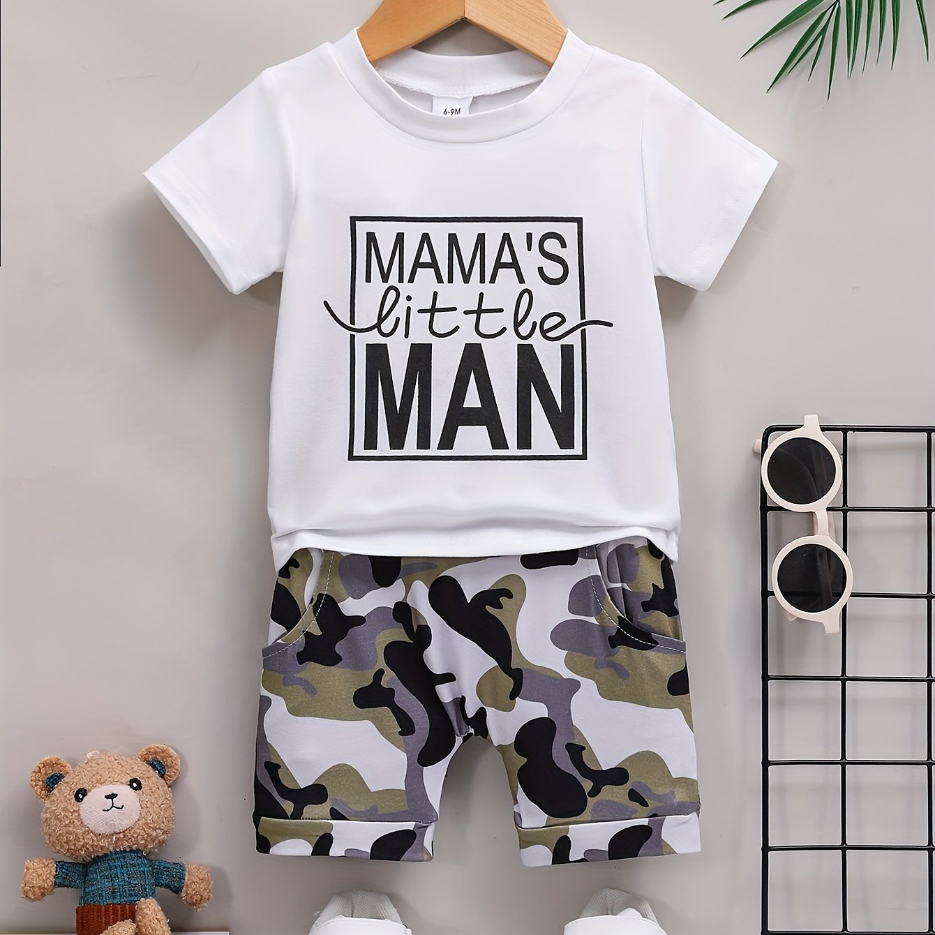 2pcs Baby Girls Boys "MAMA'S Little MAN" Print Summer Outdoor Set, T-shirt & Camo Shorts, Baby Unisex Clothing, As Gift - The world bestselling 