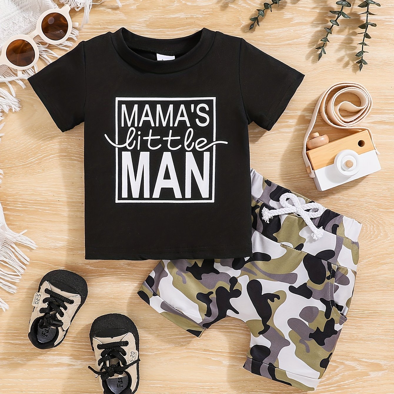 2pcs Baby Girls Boys "MAMA'S Little MAN" Print Summer Outdoor Set, T-shirt & Camo Shorts, Baby Unisex Clothing, As Gift - The world bestselling 