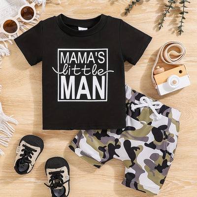2pcs Baby Girls Boys "MAMA'S Little MAN" Print Summer Outdoor Set, T-shirt & Camo Shorts, Baby Unisex Clothing, As Gift - The world bestselling 